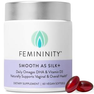 Femininity Smooth as Silk 30-Day Starter Kit for Vaginal Dryness (60 Softgels & Refillable Glass Jar) Blend of Sea Buckthorn Oil, Vitamin D3 and Plant-Based Omega-3 DHA Perfect