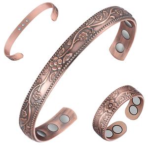 Feraco Magentic Copper Bracelet & Ring Set for Women, Vintage Flower Copper Cuff Bracelet,99.99% Pure Copper with Magnets,Adjustable Magnetic Bangles with Gift Box,Christmas Jewelry Gifts Sale Tumblr
