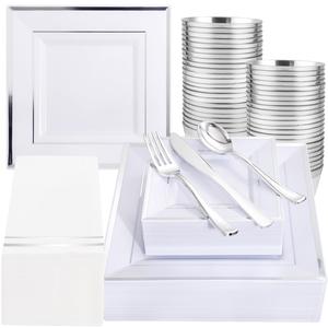 Festiva 350Pcs Silver Plates - Silver Square Plastic Plates include 50 Dinner Plates 50 Dessert Plates 50 Cups 50Plastic Cutlery 50Hand Napkins Perfect for Party&Wedding&Christmas Cheap Sale Footlocker Pictures