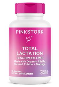 Pink Stork Total Lactation Supplement Without Fenugreek, Support Breast Milk Supply with Organic Alfalfa & Milk Thistle, Postpartum Breastfeeding Essentials - 60 Capsules, 1 Month Supply Clearance Nicekicks