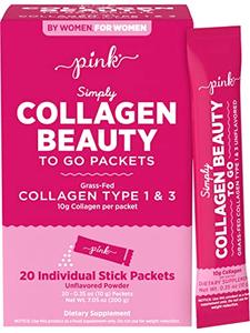 PINK Collagen Powder to Go | 20 Travel Packets | Unflavored Powder Type 1 & 3 | Gluten Free & Non-GMO Grass Fed Peptides For Sale Official Site