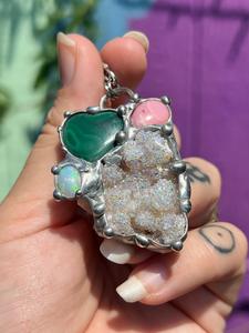 Crystal collage amulet; Aura Quartz, Opal, Malachite, & pink opal Cheap Sale Choice
