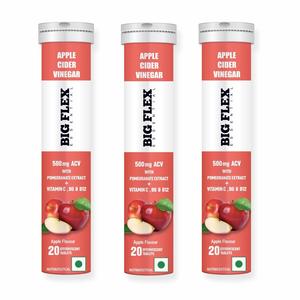Bigflex Apple Cider Vinegar 500mg with Mother 100mg Pomegranate | Vitamin B6 & B12 Extract For Weight Loss | Effervescent Tablets - Apple Flavour - Pack of 3 (60 Tablets) - (Apple) Cheap Sale 2025 Unisex
