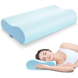 Anvo Memory Foam Pillow, Neck Contour Cervical Orthopedic Pillow for Sleeping Side Back Stomach Sleeper, Ergonomic Bed Pillow for Neck Pain - Blue White, Firm With Credit Card For Sale