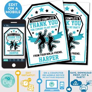PRINTABLE Ninja Warrior Teal and Black Favor Tags 2.5" x 3.5" Wiki Sale Online