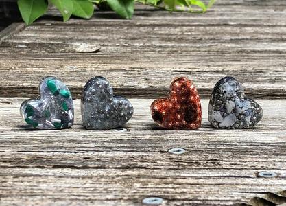 Tower Buster Mini Hearts, set of 4, Orgone with Smokey Quartz, Malachite, Labradorite, Rainbow Moonstone Clearance Pices