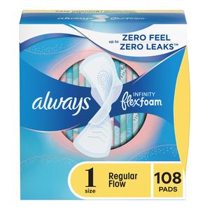 Always Infinity Feminine Pads For Women, Size 1 Regular Absorbency, Multipack, With Wings, With Flexfoam, Unscented, 36 Count x 3 Packs (108 Count total) 2025 New