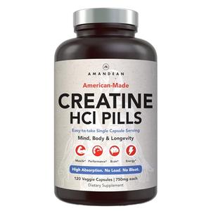 AMANDEAN Creatine HCl Pills. American Made CON-CRET. 120 Veggie Capsules. 7X Concentrated vs Monohydrate Powder. Supports Muscle Growth, Energy, Cognitive Function, Recovery. Gluten Free, Non-GMO. For Cheap Online