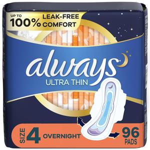 Always Ultra Thin Overnight Pads with Wings, Size 4, Overnight, 96 Count Clearance Marketable
