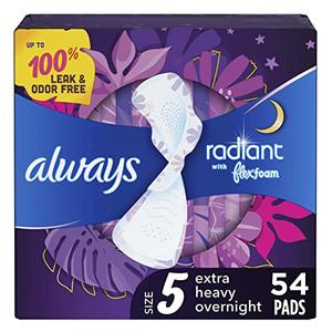 Always Radiant Overnight Feminine Pads for Women, Size 5 Extra Heavy Nighttime, with Wings, Scented, 54 ct Outlet Extremely