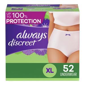 Always Discreet Adult Incontinence & Postpartum Incontinence Underwear for Women, X-Large, Maximum Protection, Disposable 26 Count x 2 Packs (52 Count total) Shop For Online