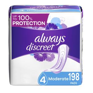 Always Discreet Incontinence Pads for Women and Postpartum Pads, Moderate, 198 CT, up to 100% Bladder Leak Protection Order Online