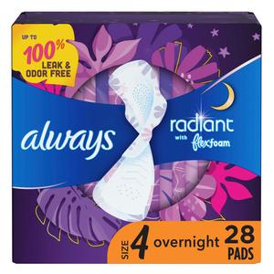 Always Radiant FlexFoam Pads for Women, Size 4, Overnight Absorbency, 100% Leak & Odor Free Protection is possible, with Wings, Scented, 28 count Free Shipping Online