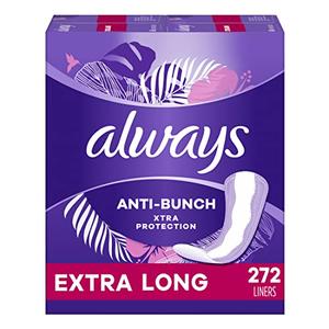 Always Anti-Bunch Xtra Protection, Panty Liners For Women, Extra Long Length, Unscented, 68 Count X 4 Packs (272 Count Total) Visit New