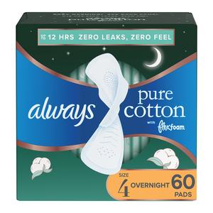 Always Pure Cotton, Feminine Pads for Women, Size 4 Overnight Absorbency, Multipack, with Flexfoam, with Wings, Unscented, 20 Count x 3 Packs (60 Count total) Professional Online