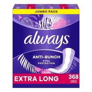 Always Anti-Bunch Xtra Protection, Panty Liners for Women, Extra Long Length, Unscented, 92 Count (Pack of 4) (368 Count) Clearance With Mastercard