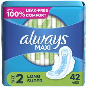 Always Maxi Feminine Pads for Women, Size 2 Long Super Absorbency, with Wings, Unscented, 42 Count Visit New