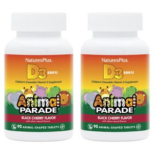 Natures Plus Animal Parade Vitamin D3 Childrens Chewables - Black Cherry Flavor - 90 Animal-Shaped Tablets, Pack of 2 - Gluten Free, Vegetarian, Hypoallergenic - 180 Total Servings Low Cost Online