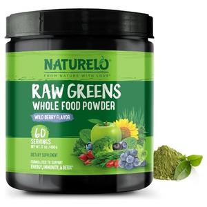 NATURELO Raw Greens Superfood Powder - Wild Berry Flavor - Boost Energy, Detox, Enhance Health - Organic Spirulina - Wheat Grass - Whole Food Nutrition from Fruits & Vegetables - 60 Servings Sale Pre Order