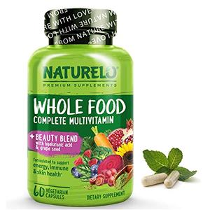 NATURELO Whole Food Multivitamin with Extra Hair, Skin and Nails Support Beauty Blend with Hyaluronic Acid & Grape Seed - High Potency Biotin, Vitamin C, and Glutathione - 60 Vegan Capsules Cheap Sale Big Sale