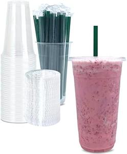 32 oz Clear Plastic Cups with Lids and STRAWS, Disposable Drinking Cups for Cold Drinks, Iced Coffee, Milkshakes, Smoothies, 25 Sets Cheap Fashion Style