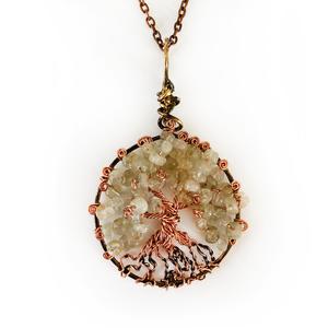 Natural Gemstone Tree of Life Wire Wrapped Pendant Necklace, Pale Green & Copper Handmade Gemstone Jewelry, Tree Pendant Online Sale