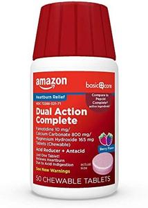 Amazon Basic Care Dual Action Complete, Chewable Acid Reducer Plus Antacid Tablets, Berry Flavor, Heartburn Medicine, Acid Indigestion Relief, 50 Count Discount Best Pices
