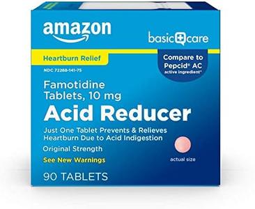 Amazon Basic Care Original Strength Famotidine Tablets, 10 mg, Acid Reducer, Heartburn Medicine, Acid Indigestion Relief, 90 Count Best Seller For Sale