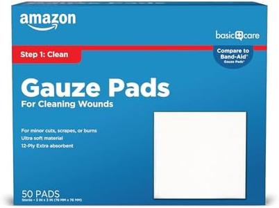 Amazon Basic Care Gauze Pads, 3x3 inches Sterile Medical Wound Dressing Sponges for Cleaning, Covering, & Cushioning Cuts & Minor Injuries, 50 Count (Pack of 1), (Previously All Health) Shop Offer For Sale