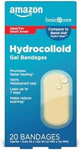 Amazon Basic Care Advanced Fast Healing Hydrocolloid Gel Bandages, 0.83 x 1.65 inches Adhesive Pads (20 Count) Get Authentic