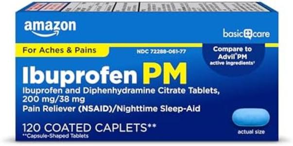 Amazon Basic Care Ibuprofen PM, Ibuprofen 200 mg and Diphenhydramine Citrate 38 mg Tablets, Pain Reliever and Nighttime Sleep-Aid, 120 Count (Packaging may vary) Clearance Pre Order