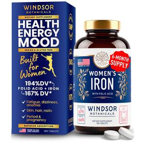 Windsor Botanicals Iron Supplement for Women with Folic Acid - Anemia, Menstruation and Pregnancy Support - 180 Tablets Release Dates Cheap Online