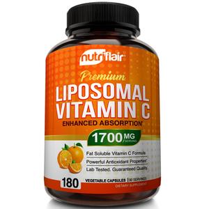 NutriFlair Liposomal Vitamin C 1700mg, 180 Capsules - High Absorption, Fat Soluble VIT C, Antioxidant Supplement, Higher Bioavailability Immune System Support & Collagen Booster, Non-GMO, Vegan Pills Buy Cheap New