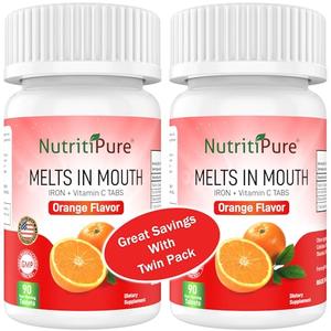 NutritiPure Chewable Iron Supplement (Carbonyl Iron 18 mg with Vitamin C 30 mg) Tablet in Orange Flavor 90 Count x 2 Bottles (Twin Pack) Clearance 2025 New