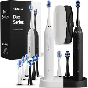 Aquasonic Duo - Dual Handle Ultra Whitening 40,000 VPM Wireless Charging Electric ToothBrushes - 3 Modes with Smart Timers - 10 Dupont Brush Heads & 2 Travel Cases Included Find Great Cheap Online