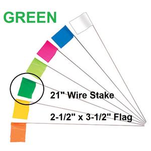100 Wire Marking Flags, 2.5" x 3.5" GREEN polyethylene 3 mil flag, 21" long wire Cost Online