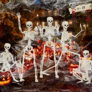 5 Pack Skeletons Halloween Decorations,16in Full Body Posable Joints Halloween Skeleton Decor with 22 Spiders& Cobweb Outdoor Halloween Decorations Indoor Spooky Party Props Halloween Tree Decors Cheap Pice