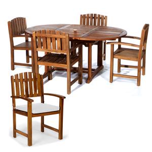 5-Piece Teak Oval Extension Patio - Table and Folding Dining Chairs Set - Blue Cushions Outlet Choice