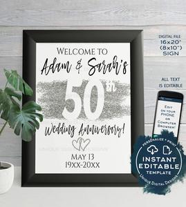 50th Anniversary Welcome Sign, Editable Wedding Anniversary Banner, ANY Year Decoration Silver Glitter, Printable Clearance Footlocker Pictures