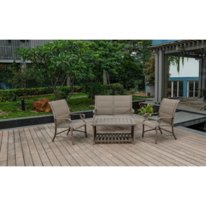 Aluminum Patio Chat Set with Faux Wood Top Table & Quick Dry Cushioning 4PCS SET Free Shipping Outlet Store
