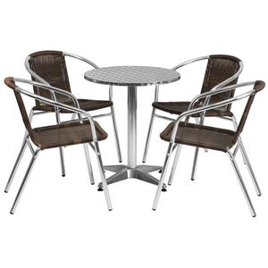 23.5'' Round Aluminum Indoor-Outdoor Table with 4 Rattan Chairs Cheap Sale Sale
