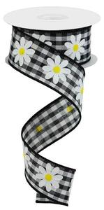 1.5" Daisy Print on Black/White Gingham Ribbon - 10yds Clearance Wide Range Of