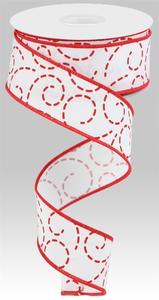 1.5" Dashed Swirl Ribbon: White/Red - 10yds With Paypal Low Pice