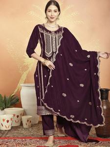 Wine Velvet Embroidered Dress Material Very Cheap