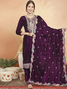 Wine Velvet Embroidered Dress Material Outlet Good Selling