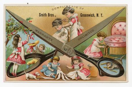 Antique Victorian SMITH BROS. Scissors, Cutting Shears, Sewing Trade Card || Greenwich, N.Y. Very Cheap