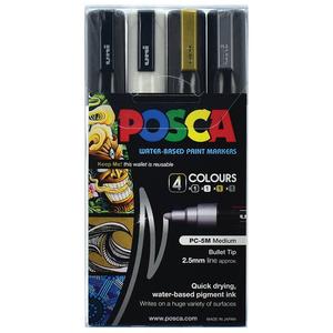 Uni Posca Marker PC-5M 4 Pack Black, White, Gold & Silver Buy Cheap Perfect