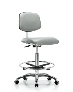 Class 10 Clean Room Vinyl Chair Chrome - High Bench Height with Chrome Foot Ring & Casters in Dove Trailblazer Vinyl - CLR-VHBCH-CR-CF-CC-8567 Inexpensive For Sale