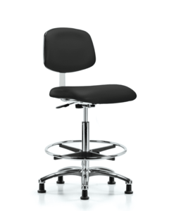 Class 10 Clean Room Vinyl Chair Chrome - High Bench Height with Chrome Foot Ring & Stationary Glides in Black Trailblazer Vinyl - CLR-VHBCH-CR-CF-RG-8540 Outlet 2025 New