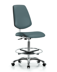 Class 10 Clean Room Vinyl Chair Chrome - High Bench Height with Medium Back, Chrome Foot Ring, & Casters in Colonial Blue Trailblazer Vinyl - CLR-VHBCH-MB-CR-CF-CC-8546 2025 New Sale Online